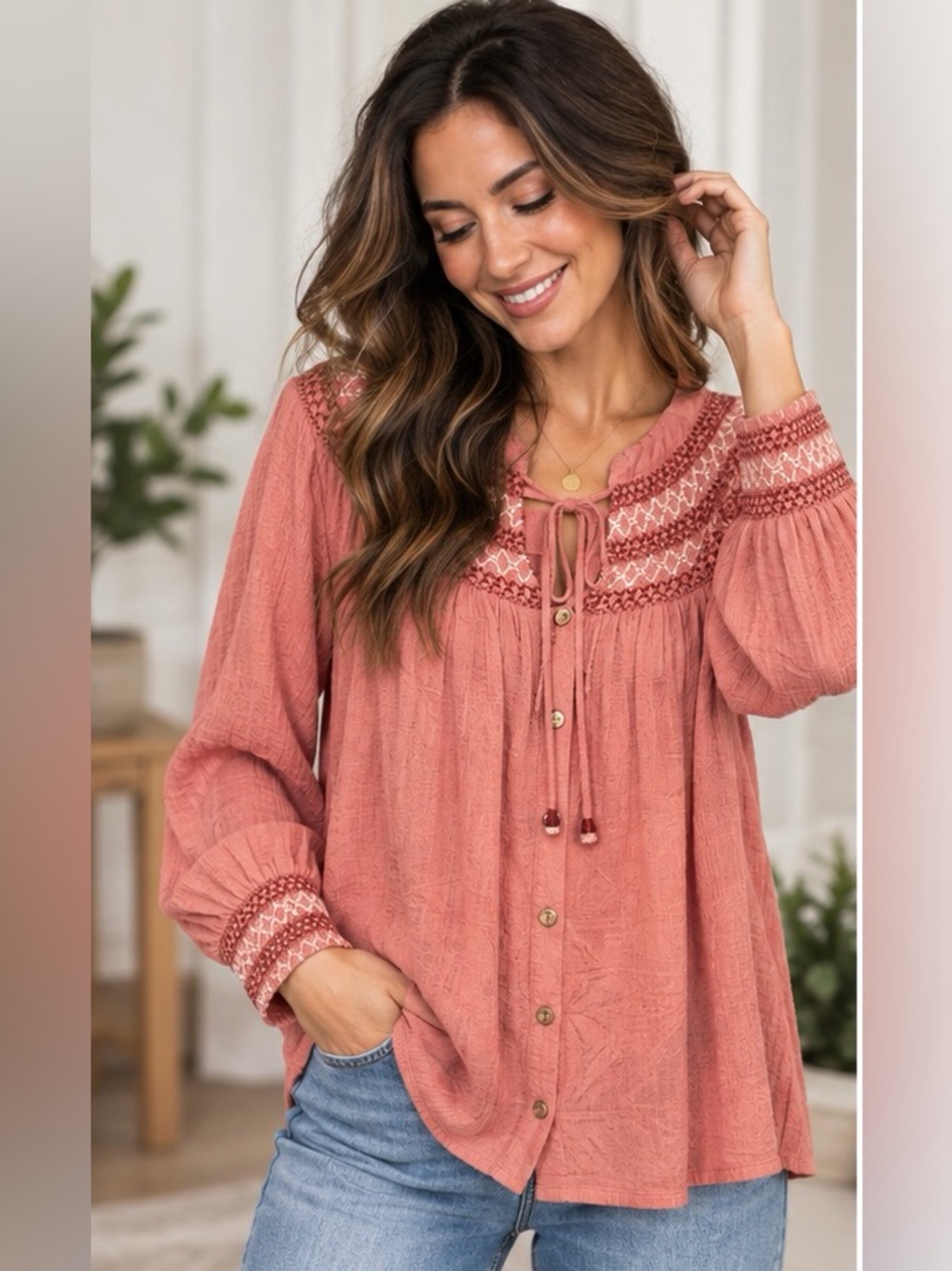 Nurture by Westbound Embroidered Tie-Front Button-Down Peasant Top
